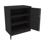 Image of a black metal cabinet with three shelves and one open door, displaying its empty interior. The cabinet has a simple, modern design and is set against a white background.