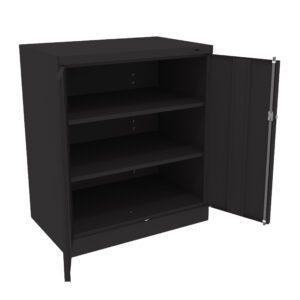 Image of a black metal cabinet with three shelves and one open door, displaying its empty interior. The cabinet has a simple, modern design and is set against a white background.