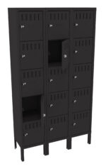 A set of three rows of metal lockers, each with four compartments. Some locker doors are open, revealing empty spaces inside. The frame and lockers are dark-colored, with individual locks on each door.