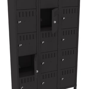 A set of three rows of metal lockers, each with four compartments. Some locker doors are open, revealing empty spaces inside. The frame and lockers are dark-colored, with individual locks on each door.