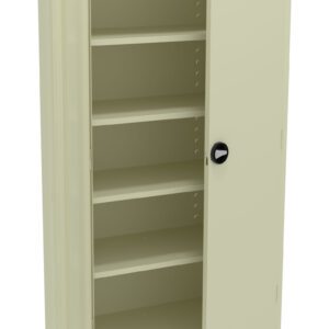 A beige metal storage cabinet with one door open, revealing five empty shelves. The cabinet has a round black handle and is shown against a plain white background.
