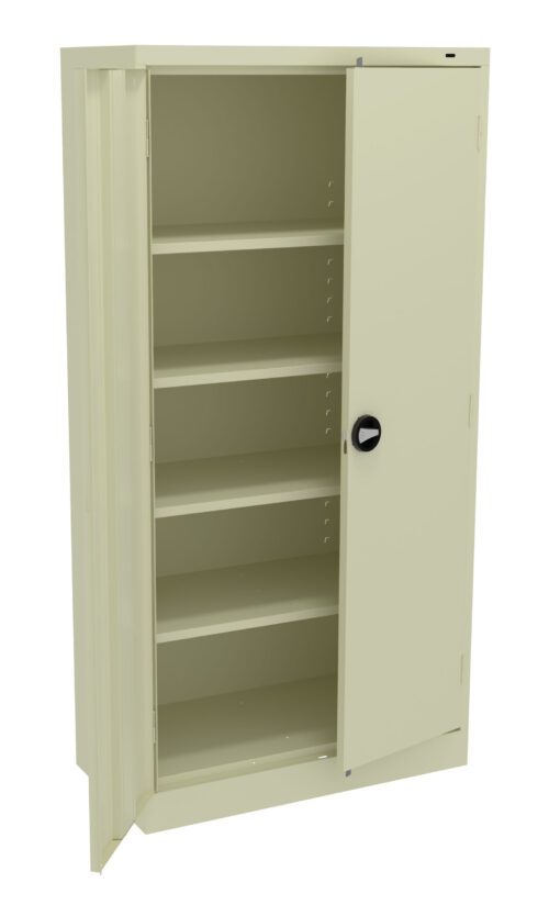 gemjevhir0czg80a6s3e.jpg A beige metal storage cabinet with one door open, revealing five empty shelves. The cabinet has a round black handle and is shown against a plain white background.