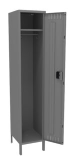 A tall, gray metal locker stands open, revealing an empty interior. It features a hanging rod near the top and has a lock mechanism on the door. The locker is supported by four small legs at the bottom.