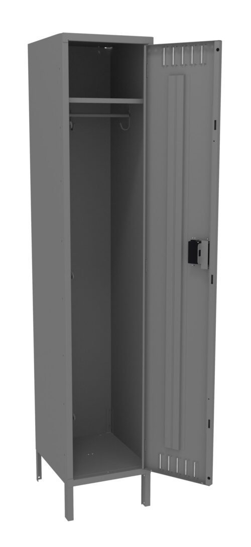 geyjus3cqkvcu4ynrmwk.jpg A tall, gray metal locker stands open, revealing an empty interior. It features a hanging rod near the top and has a lock mechanism on the door. The locker is supported by four small legs at the bottom.