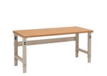 A sturdy workbench with an orange-brown wooden top and adjustable metal legs in a neutral color. The design is simple and industrial, suitable for workshops or garages.