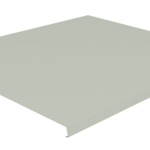 A flat, rectangular metal sheet with a light gray color is shown from an angle. One corner features a small notch, and the edges appear slightly raised. The surface is smooth and even.