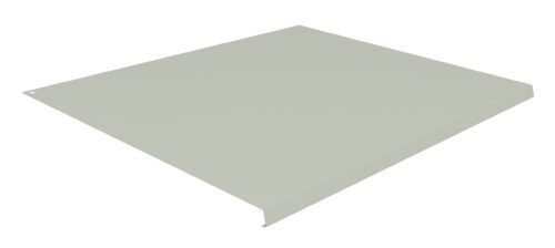 gf8mbs8xdvlizjbrmgfi.jpg A flat, rectangular metal sheet with a light gray color is shown from an angle. One corner features a small notch, and the edges appear slightly raised. The surface is smooth and even.