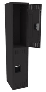 A black metal locker with two compartments is shown. The top compartment door is open, revealing an empty interior, while the bottom compartment door remains closed. The locker has ventilation slits and a handle on the lower door.