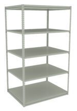 A light gray metal shelving unit with five adjustable shelves. The unit has a simple, industrial design and open sides, suitable for storage or organizing items in a garage or workspace.