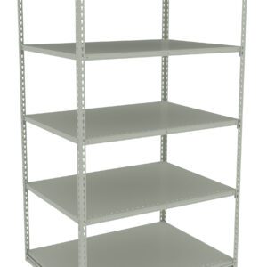 A light gray metal shelving unit with five adjustable shelves. The unit has a simple, industrial design and open sides, suitable for storage or organizing items in a garage or workspace.