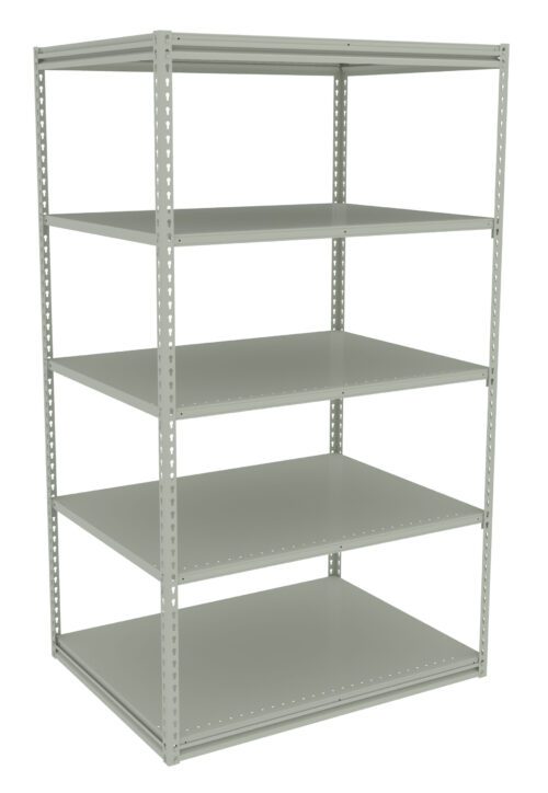 A light gray metal shelving unit with five adjustable shelves. The unit has a simple, industrial design and open sides, suitable for storage or organizing items in a garage or workspace.
