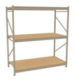 A metal storage rack with two wooden shelves and an adjustable frame, set against a plain white background. The rack is designed for organizing items in spaces like garages or warehouses.