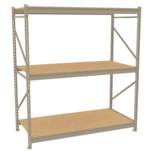 A metal storage rack with two wooden shelves and an adjustable frame, set against a plain white background. The rack is designed for organizing items in spaces like garages or warehouses.