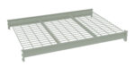 A metal wire shelf with a rectangular grid pattern, supported by a frame on the sides and back. The shelf has a light greenish tint and features two raised edges on opposite sides for stability.
