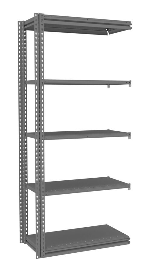 gfv7fszpd7l1cvglhxae.jpg A tall, gray, metal shelving unit with six adjustable shelves. The unit is designed for storage and organization, featuring a sturdy frame with perforations for adjusting shelf height. The shelves are evenly spaced.