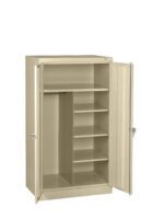 A beige metal storage cabinet with two open doors showing multiple shelves and a vertical section with a hanging rod. The cabinet is empty and stands against a plain white background.