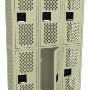 A beige metal locker unit with two rows of three lockers each. The lockers have vented doors and black rectangular handles. The middle locker in the bottom row is open, revealing an empty interior.