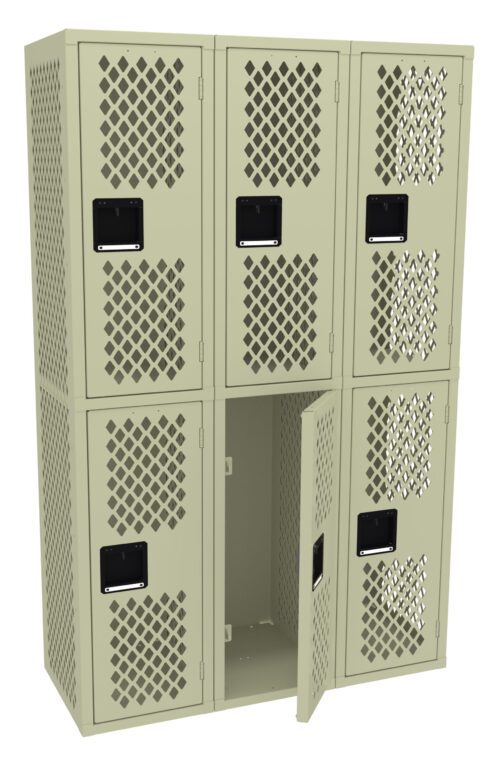 gfy2mtti9w5cic1gn1ms.jpg A beige metal locker unit with two rows of three lockers each. The lockers have vented doors and black rectangular handles. The middle locker in the bottom row is open, revealing an empty interior.