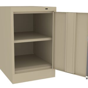 A beige storage cabinet with an open door. It has two shelves and no visible contents. The design is simple and functional, ideal for organizing items. The background is plain white.