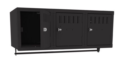 A black, wall-mounted, three-compartment storage unit is shown. The left compartment door is open, revealing an empty interior, while the other two compartments are closed. Each door has a ventilation slat and a handle.
