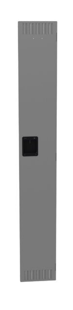 A tall, narrow gray metal box with a black rectangular handle in the center. The box has small vents at the top and bottom, and a smooth, plain surface.