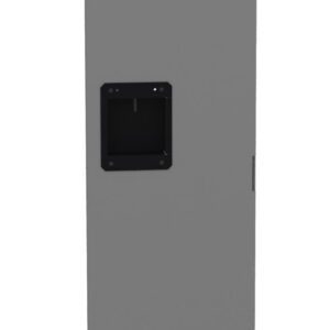 A tall, narrow gray metal box with a black rectangular handle in the center. The box has small vents at the top and bottom, and a smooth, plain surface.