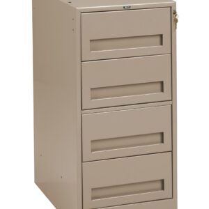 A beige metal filing cabinet with four horizontal drawers, each featuring recessed handles. The top drawer has a lock, and a key hangs from it. The cabinet has a simple, utilitarian design.