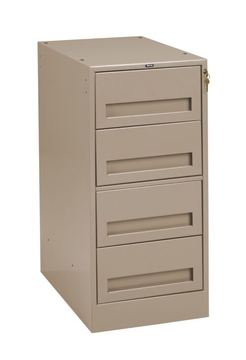 ggjrrqldodsvccst7cqv.jpg A beige metal filing cabinet with four horizontal drawers, each featuring recessed handles. The top drawer has a lock, and a key hangs from it. The cabinet has a simple, utilitarian design.