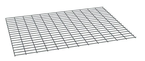 A metal grid panel with intersecting horizontal and vertical bars, creating a mesh pattern. The grid appears in a perspective view with a slight tilt, casting a faint shadow underneath. The bars are evenly spaced and have a gray metallic finish.