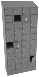 A tall, gray metal locker unit with multiple small compartments. Several of the doors are partially open, revealing empty storage spaces. The lockers have simple lock mechanisms on each door.