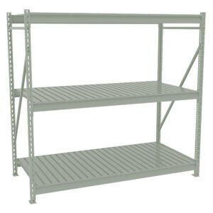 A sturdy, light green metal shelving unit with three spacious tiers. Each tier features evenly spaced metal slats. The frame includes vertical supports with holes for adjustable shelf placement. The unit is empty and stands against a white background.