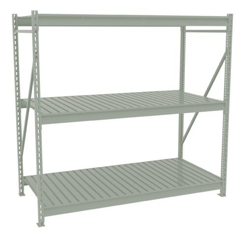 A sturdy, light green metal shelving unit with three spacious tiers. Each tier features evenly spaced metal slats. The frame includes vertical supports with holes for adjustable shelf placement. The unit is empty and stands against a white background.