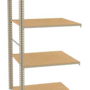 A metal shelving unit with four wooden shelves is shown. The frame is silver with vertical support beams featuring evenly spaced holes. The shelves are empty and evenly spaced apart.