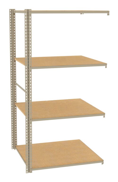 A metal shelving unit with four wooden shelves is shown. The frame is silver with vertical support beams featuring evenly spaced holes. The shelves are empty and evenly spaced apart.