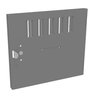 A gray metal prison door with a small rectangular slot in the center and vertical bar openings near the top. The door has a handle, keyhole, and a hinge on one side.