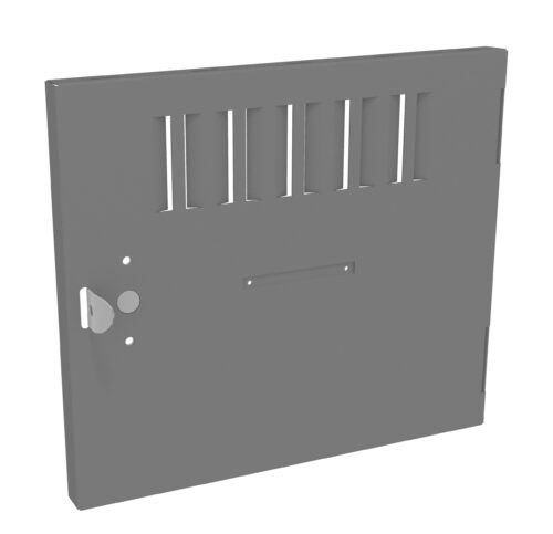 A gray metal prison door with a small rectangular slot in the center and vertical bar openings near the top. The door has a handle, keyhole, and a hinge on one side.