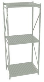 A metal storage shelving unit with three levels, featuring vertical supports and horizontal slats. It has a simple, industrial design suitable for organizing items in a garage or warehouse setting. The color is light gray.