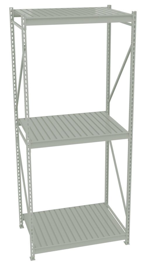 A metal storage shelving unit with three levels, featuring vertical supports and horizontal slats. It has a simple, industrial design suitable for organizing items in a garage or warehouse setting. The color is light gray.