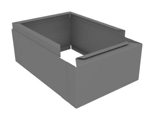 ghijuyapvfj7f9fxkbv6.jpg Illustration of a gray, rectangular, open-topped box with folded flaps at the edges. The box appears to be made of a flat, rigid material, likely cardboard or a similar substance.