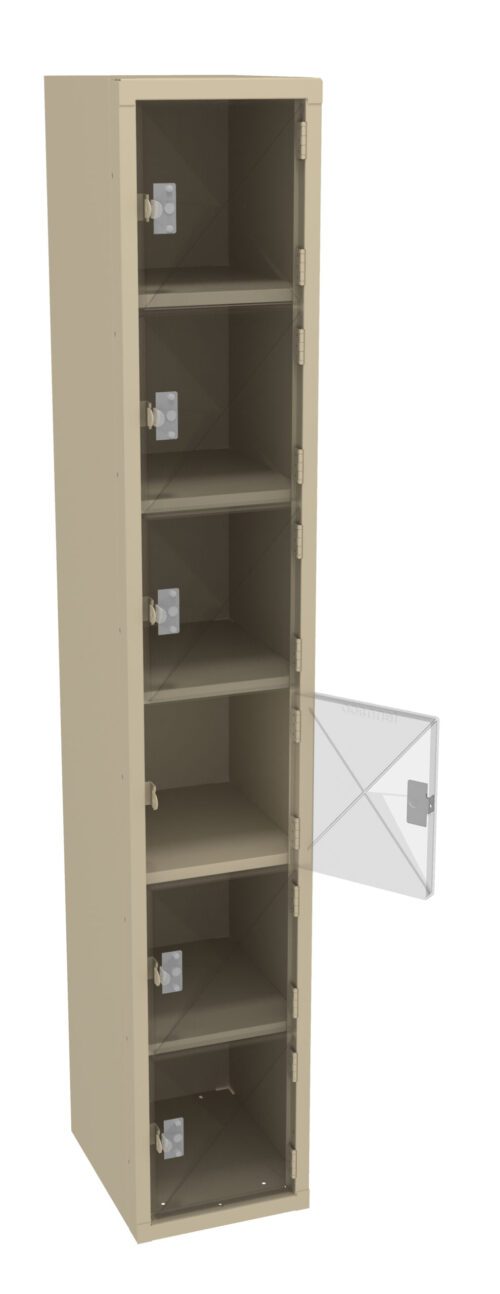 ghld2znb99rmkfcvhb4c.jpg A tall, beige metal storage cabinet with six shelves. The cabinet door is open, revealing five closed compartments above and one open compartment. Each compartment has a transparent door with a latch.