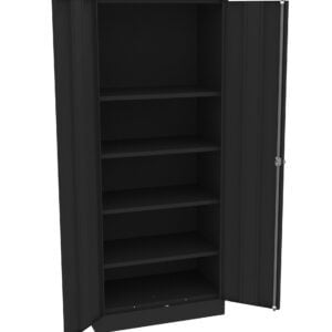 A black metal storage cabinet with its doors open, revealing five evenly spaced shelves inside. The cabinet is empty and has a sleek, modern design.