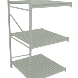 A metal shelving unit with three tiers, shown from an angle. The shelves have a slatted design, and the frame includes horizontal supports and vertical posts with adjustable slots. The structure is gray and has an industrial appearance.