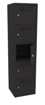 A tall, black metal storage locker with five compartments. The third compartment is open, revealing the interior. Each compartment has a small handle and a lock mechanism. The design is simple and functional, suitable for secure storage.