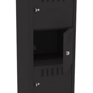A tall, black metal storage locker with five compartments. The third compartment is open, revealing the interior. Each compartment has a small handle and a lock mechanism. The design is simple and functional, suitable for secure storage.