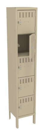 A tall beige metal locker with five compartments. One compartment is open, showing an empty interior. Each compartment has ventilation slots and a latch for a padlock. The locker stands on four legs.