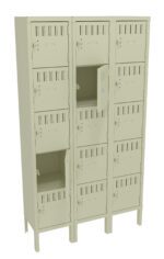 A beige metal locker unit with three columns and four rows, totaling twelve compartments. Two locker doors are open, revealing empty spaces inside. Each locker door has a vented design and a lock mechanism.