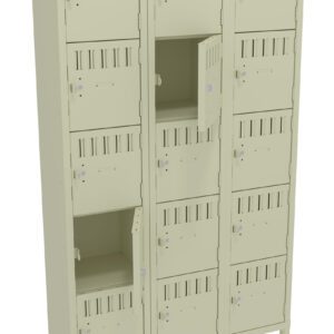 A beige metal locker unit with three columns and four rows, totaling twelve compartments. Two locker doors are open, revealing empty spaces inside. Each locker door has a vented design and a lock mechanism.