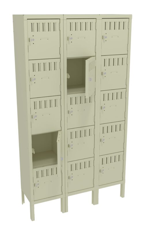 giduvqxsebmqiortqooh.jpg A beige metal locker unit with three columns and four rows, totaling twelve compartments. Two locker doors are open, revealing empty spaces inside. Each locker door has a vented design and a lock mechanism.