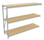 A metal shelving unit with three wide shelves. The frame is gray, and the shelves are made of wood. The unit is designed for heavy-duty storage, suitable for use in garages or warehouses. The background is plain white.