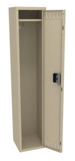 Tall beige metal locker with an open door, revealing a single shelf at the top and an empty vertical space for storage. The locker has a handle and a lock on the door.